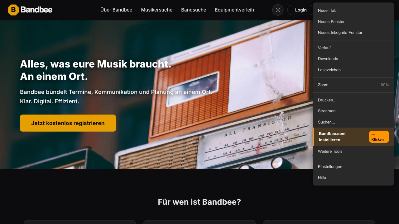 Chrome Menü mit Bandbee installieren Option