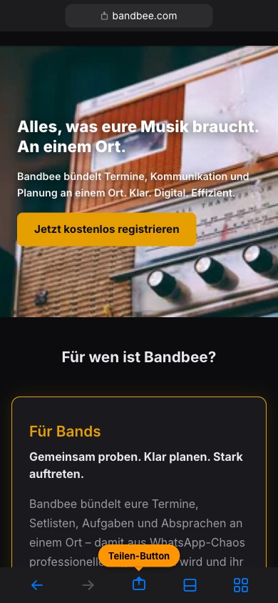 Bandbee im Safari-Browser mit Teilen-Button