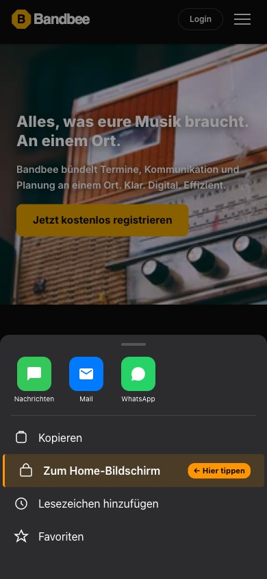 iOS Teilen-Menü mit Zum Home-Bildschirm Option